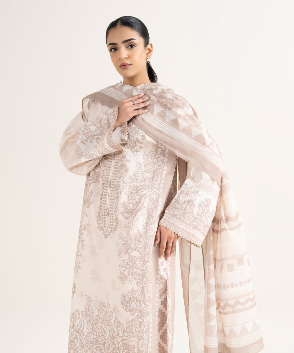 Women's Unstitched Cotton Printed Pink 3 Piece Suit