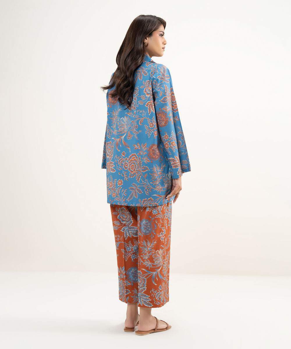 Women's RTW Seersucker Printed Blue Straight Shirt