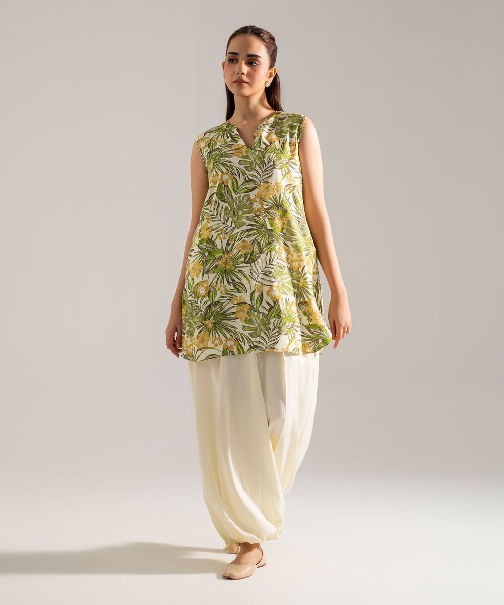 Women's RTW Printed Green Viscose Linen 2 Piece Suit