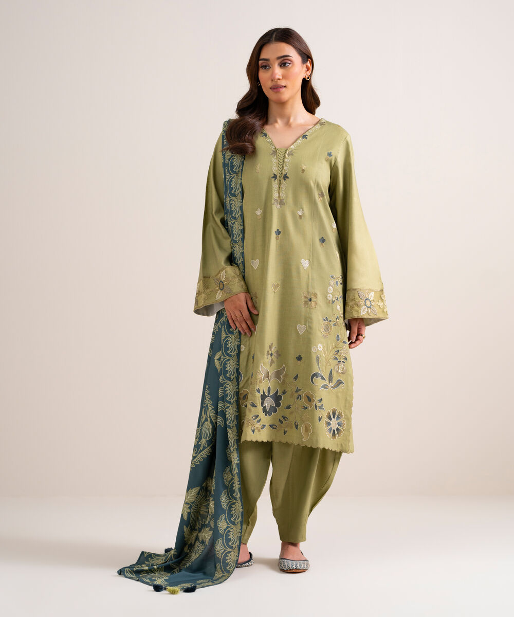 Women's Unstitched Embroidered Linen Green 3 Piece Suit