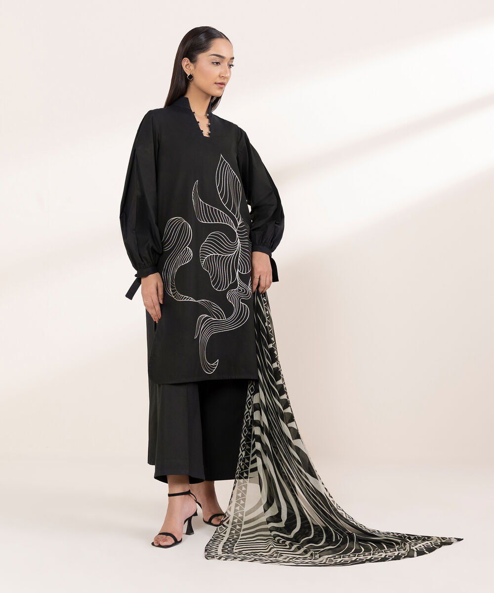 Women's Unstitched Lawn Embroidered Black 3 Piece Suit