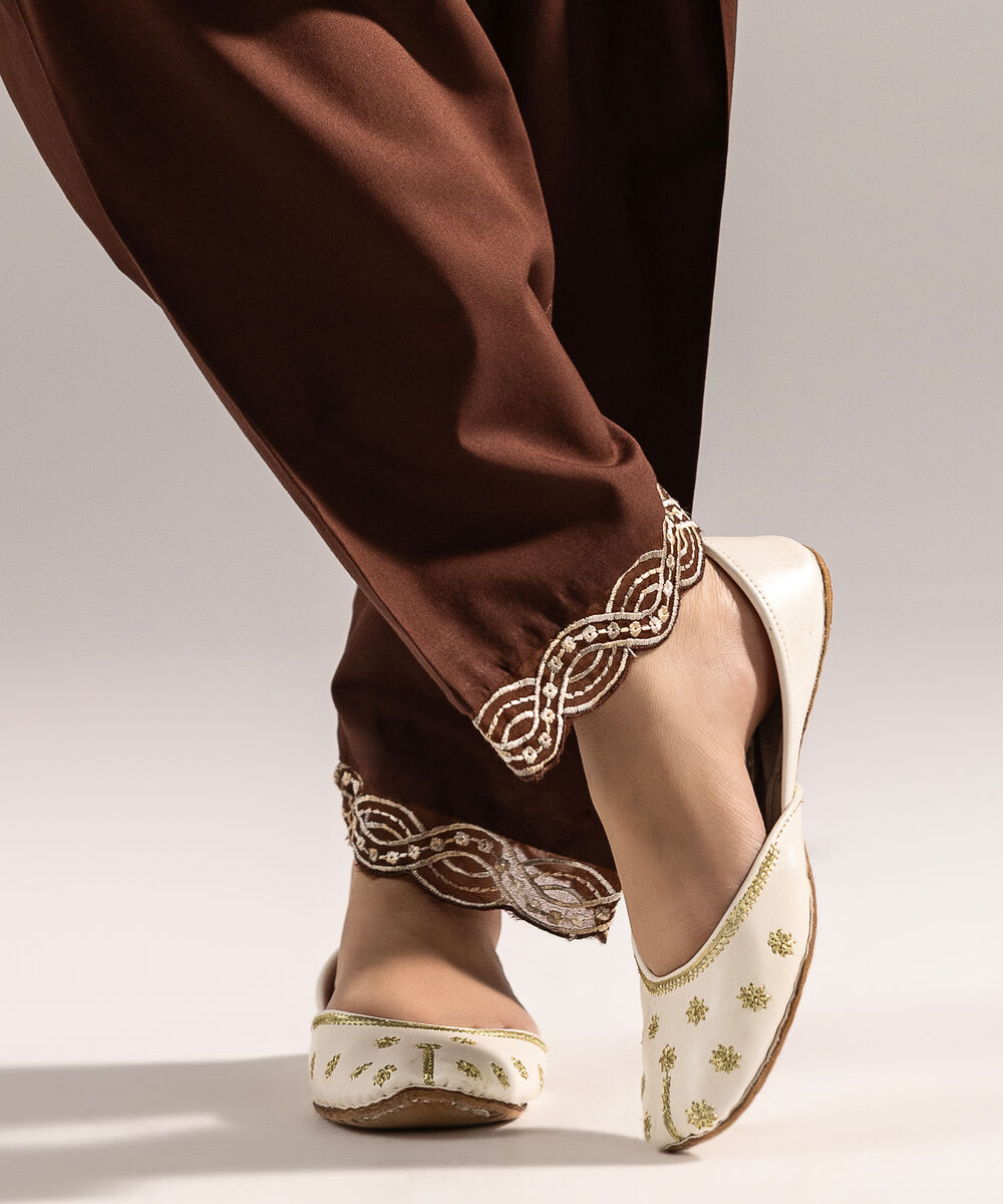 Women's RTW Cambric Embroidered Brown Shalwar
