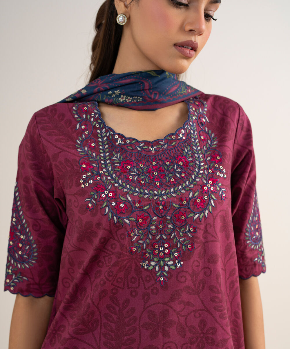 Women's Unstitched Cotton Embroidered Red 3 Piece Suit