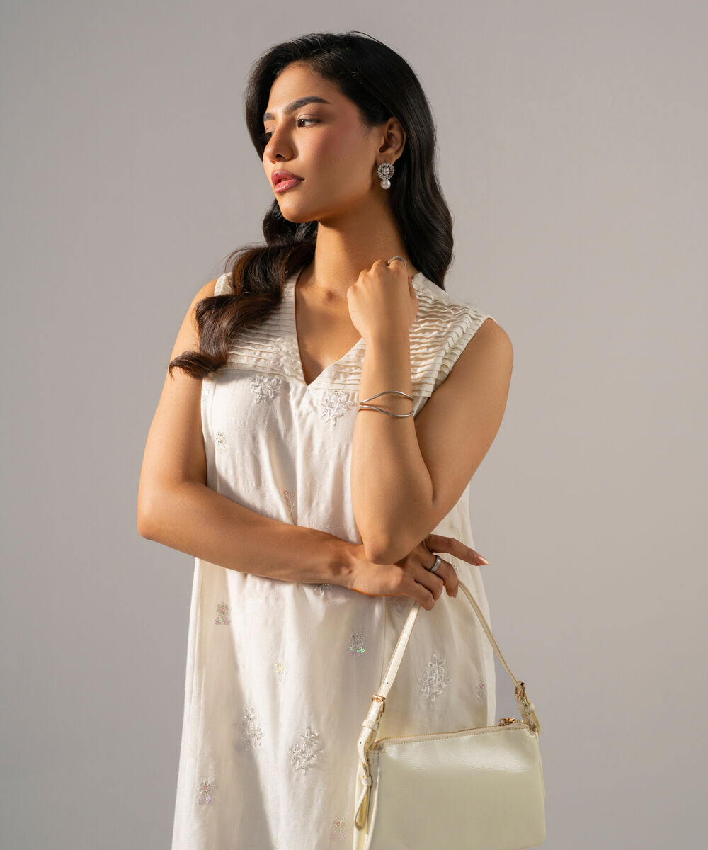 Women's RTW Self Jacquard Solid Embroidered Off White 2 Piece Suit