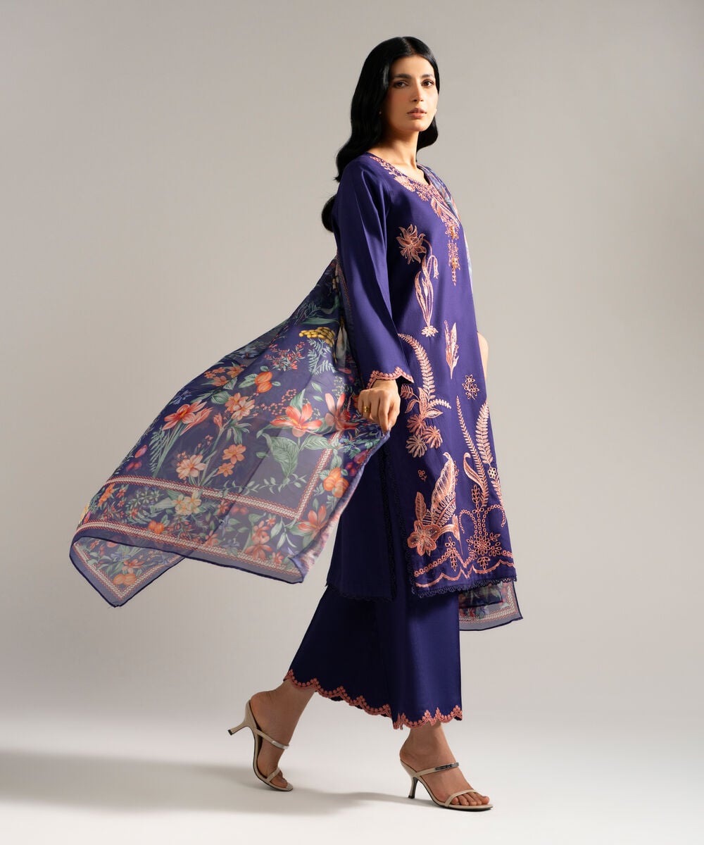 Women's RTW Dobby Crepe Embroidered Blue 3 Piece Suit