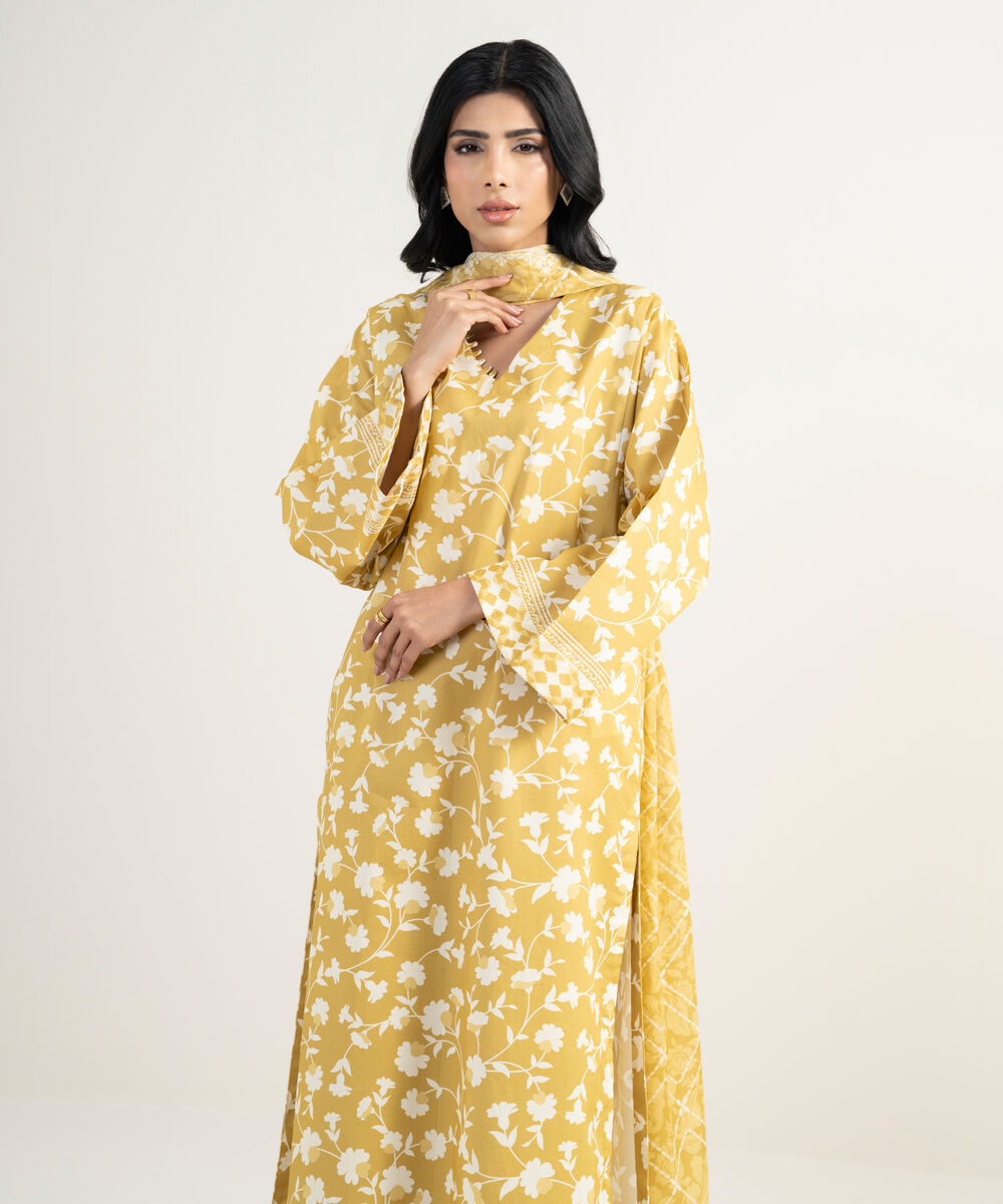 Women's Unstitched Lawn Orange Printed 3 Piece Suit