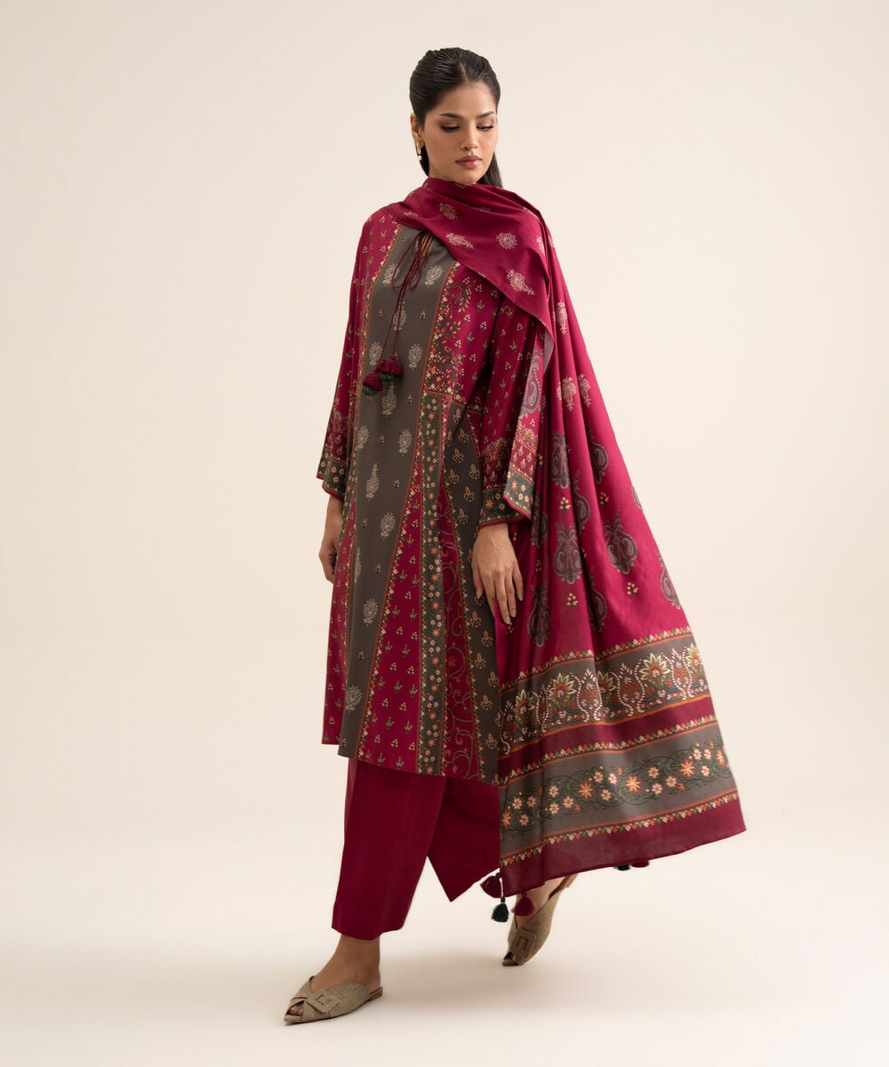 Women's Unstitched Viscose Linen Printed Magenta 3 Piece Suit