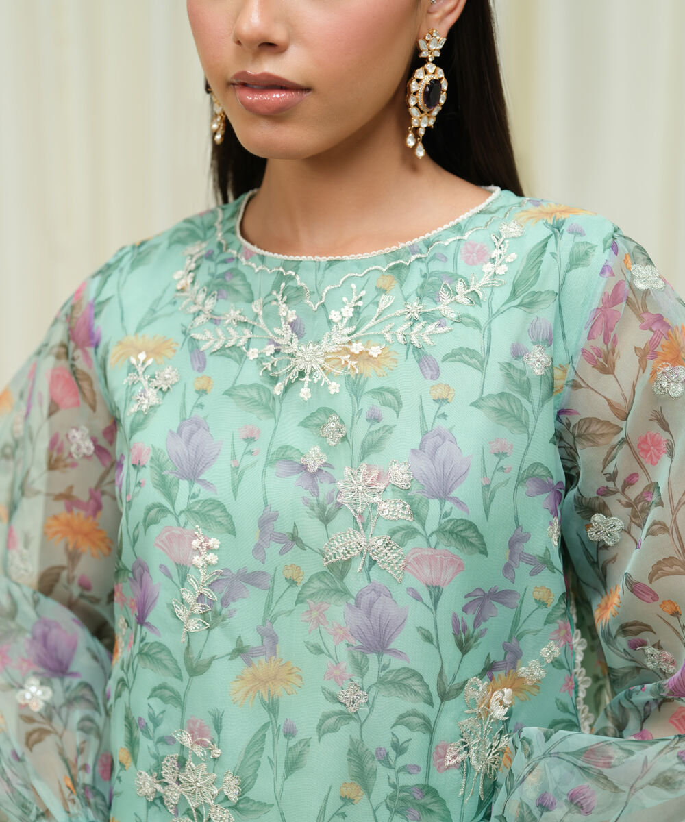 Women's Unstitched Blended Organza Embroidered Blue 3 Piece Suit