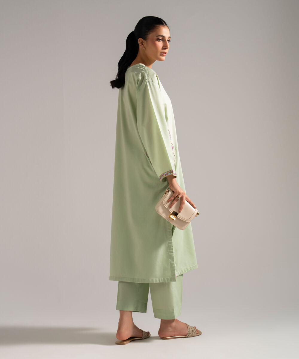 Women's RTW Dobby Embroidered Green Straight Shirt