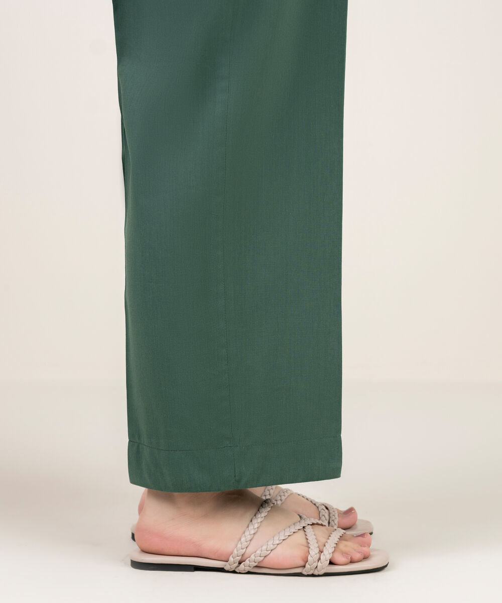 Women's RTW Cotton Viscose Solid Green Straight Pants