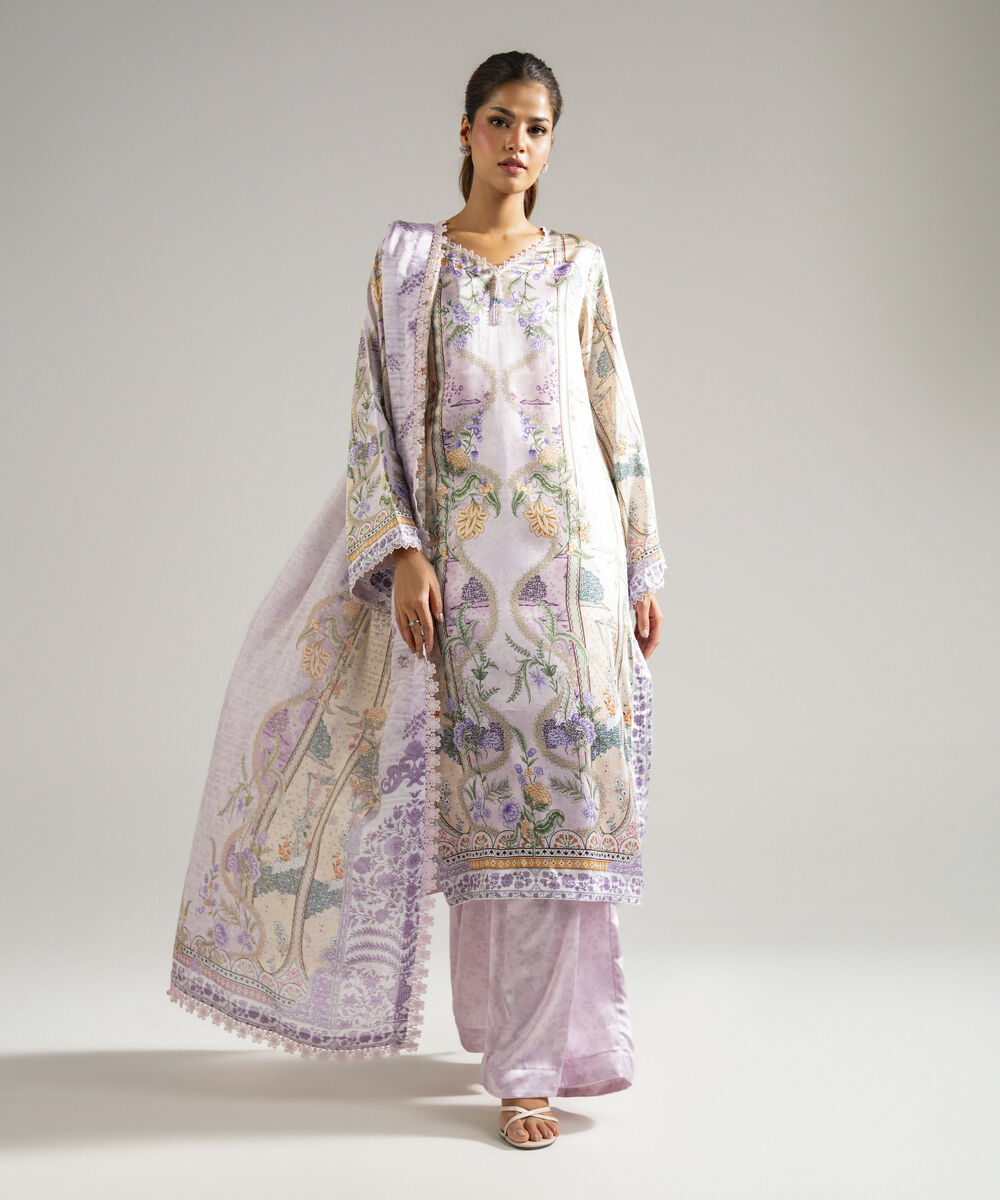 Women's RTW Blended Satin Printed Lilac 3 Piece Suit