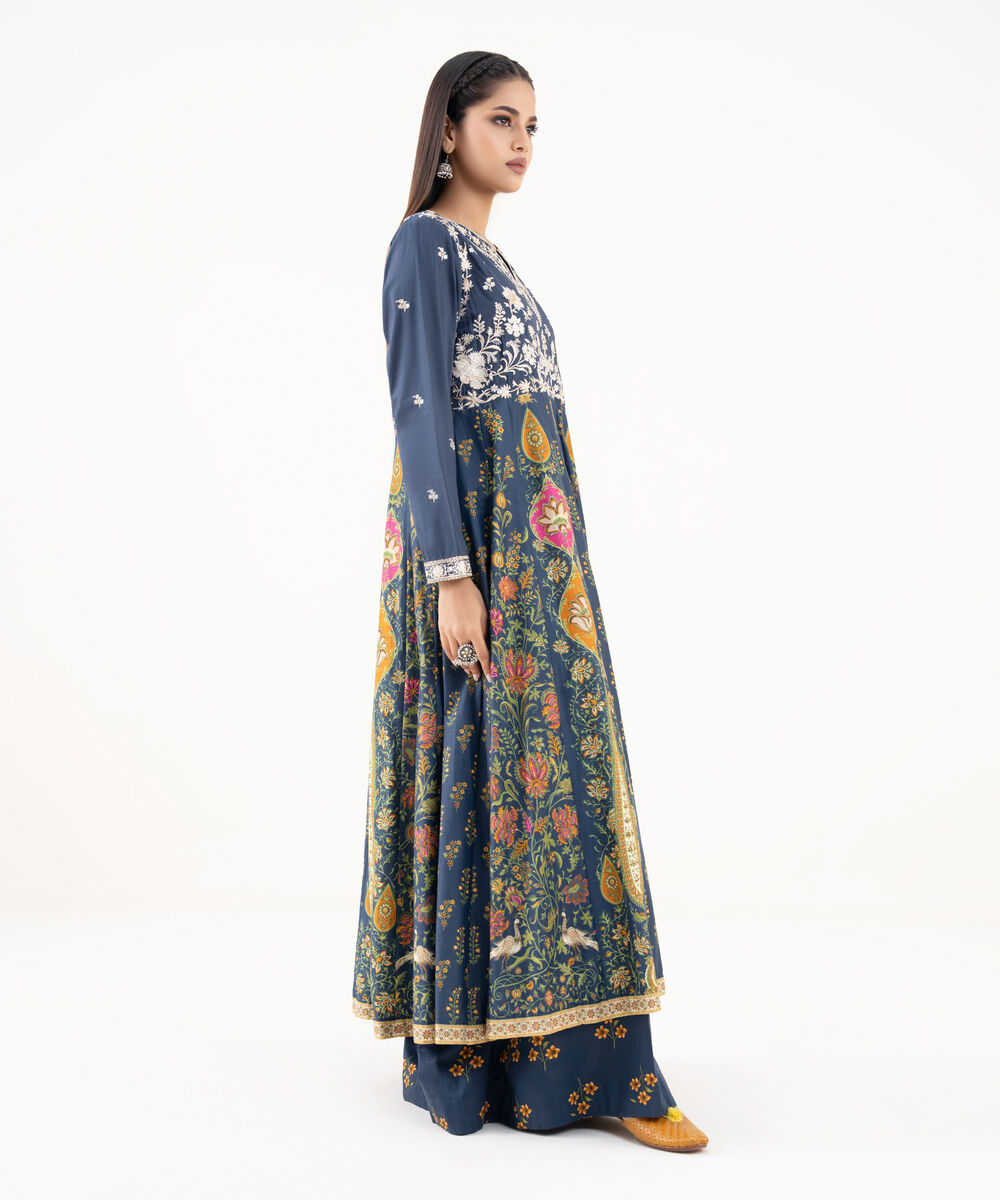Women's RTW Lawn Viscose Blue Embroidered Pishwas