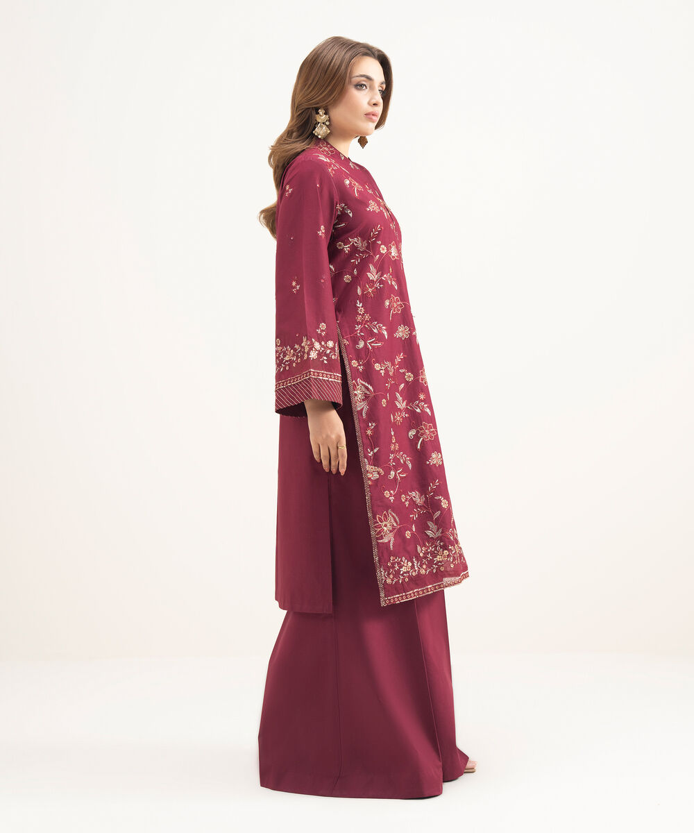 Women's Unstitched Lawn Embroidered Red 3 Piece Suit