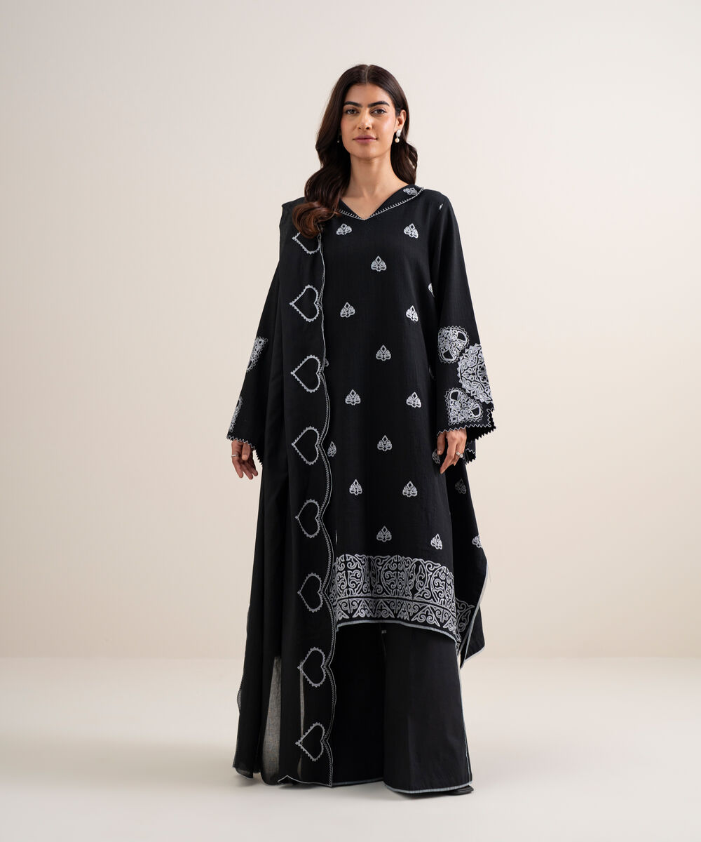 Women's Unstitched Dobby Embroidered Black 3 Piece Suit
