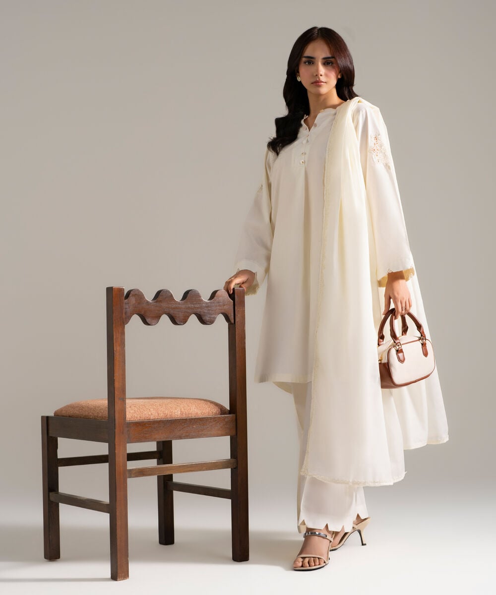 Women's RTW Cambric Printed Off White 3 Piece Suit