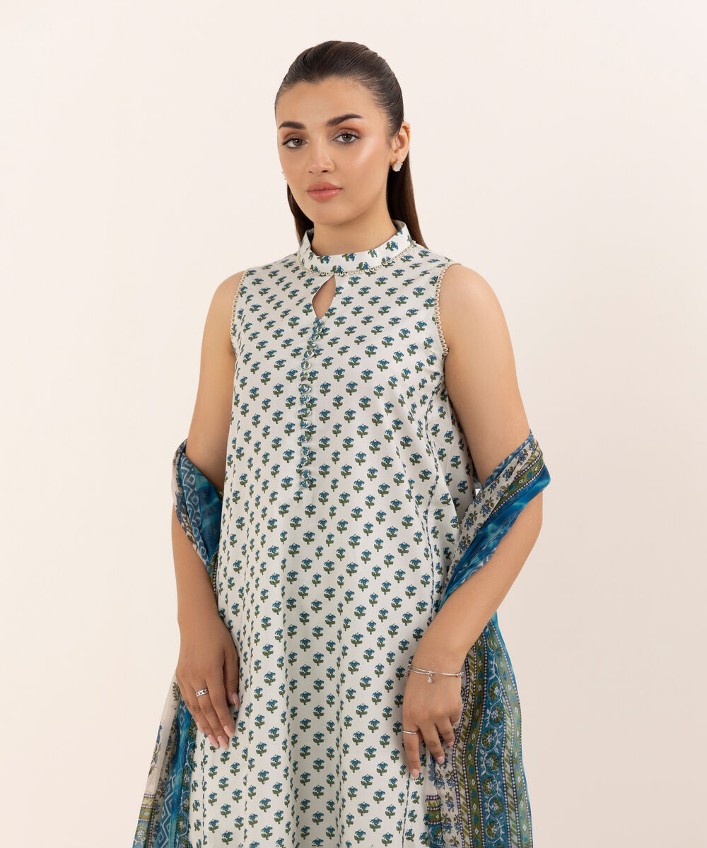 Women's Unstitched Cotton Printed Off White Three Piece Suit