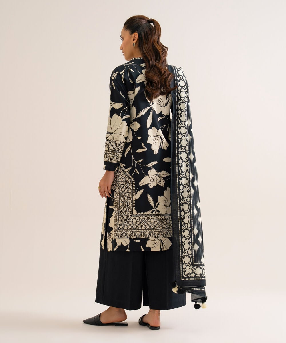 Women's Unstitched Viscose Linen Printed Black & Off White 3 Piece Suit