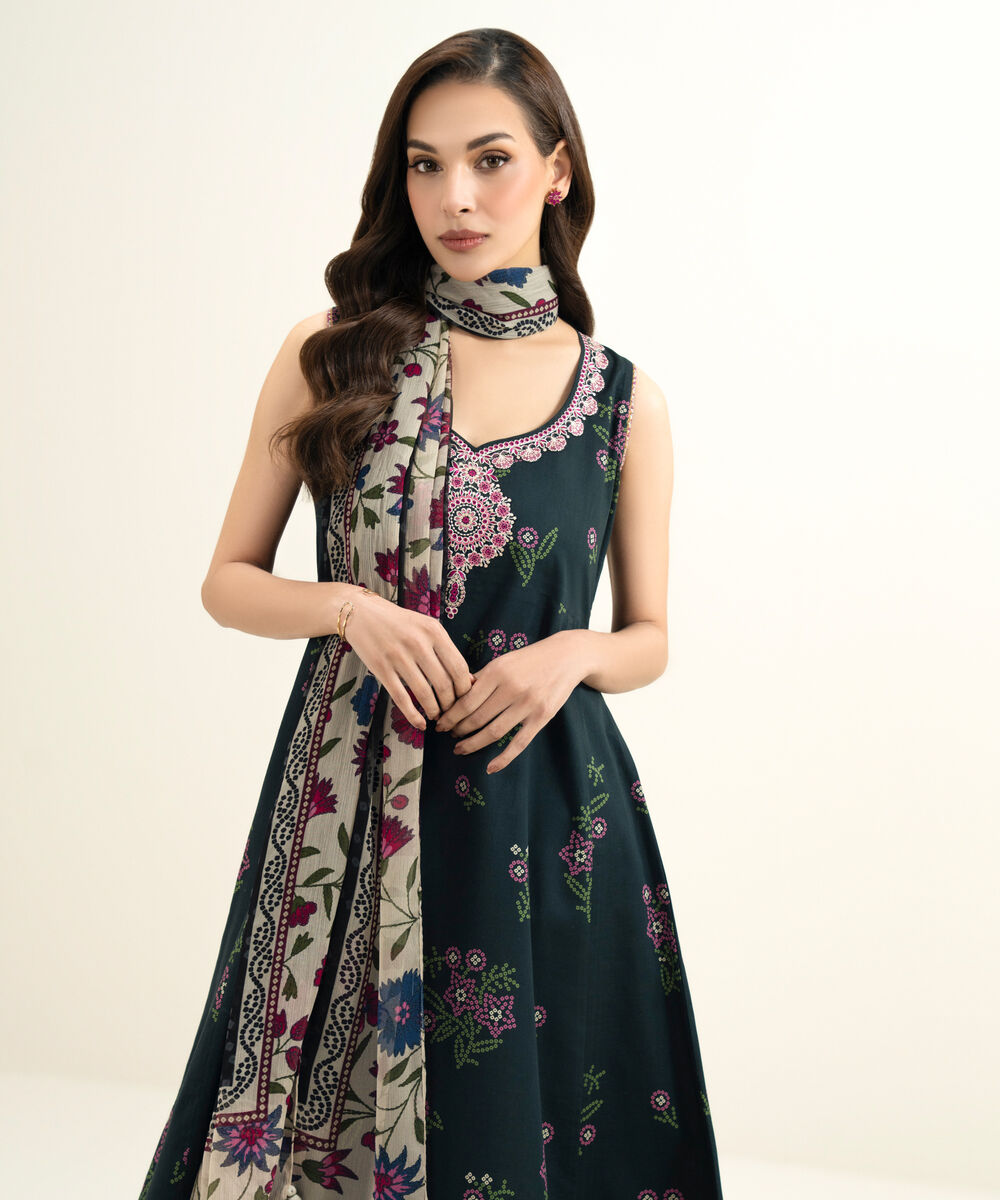 Women's Unstitched Lawn Embroidered Black 3 Piece Suit