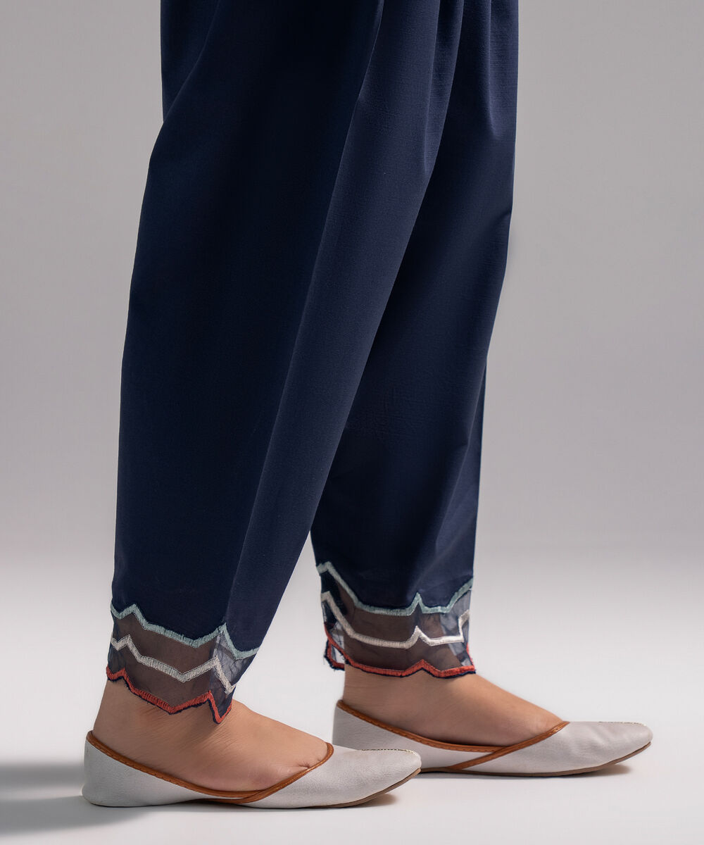 Women's RTW Slub Lawn Solid Dark Blue Shalwar