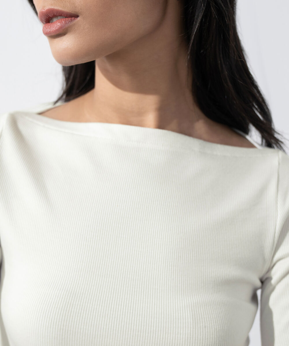 Women's Western Wear White Slash Neck Rib Top