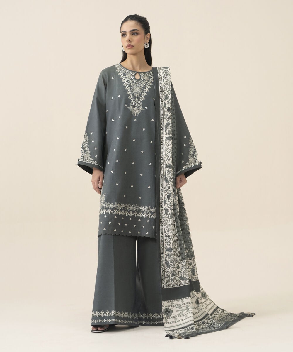 Women's Unstitched Basic Khaddar Embroidered Grey 3 Piece Suit