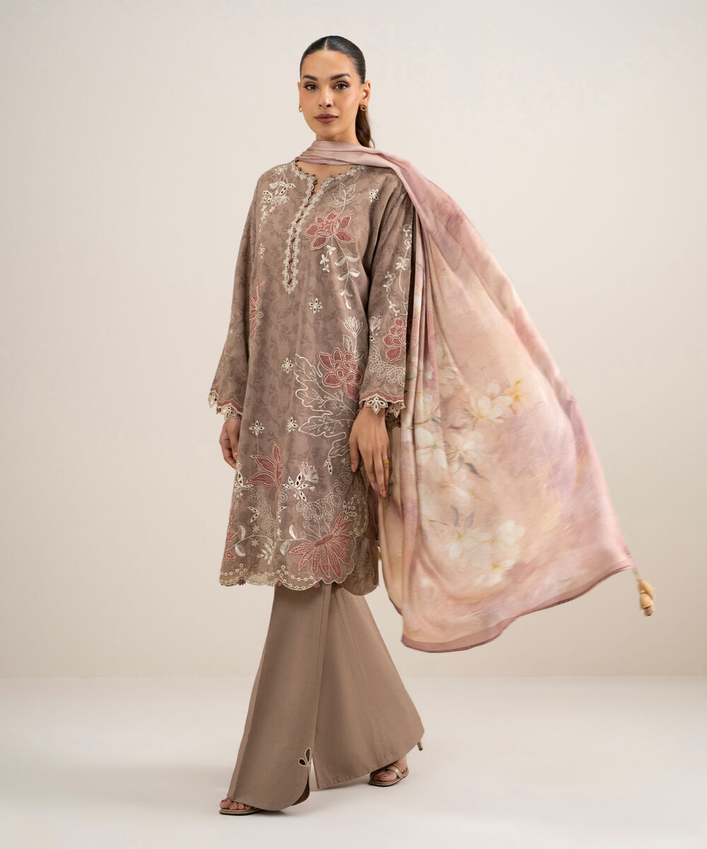 Women's Unstitched Self Jacquard Embroidered Beige 3 Piece Suit