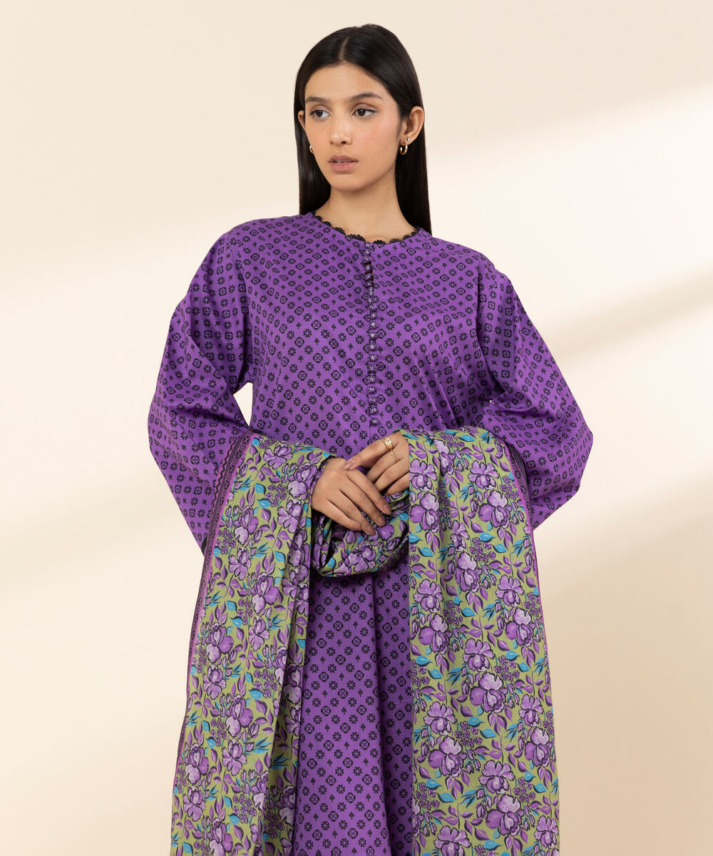 Women's Unstitched Lawn Printed Purple 3 Piece Suit