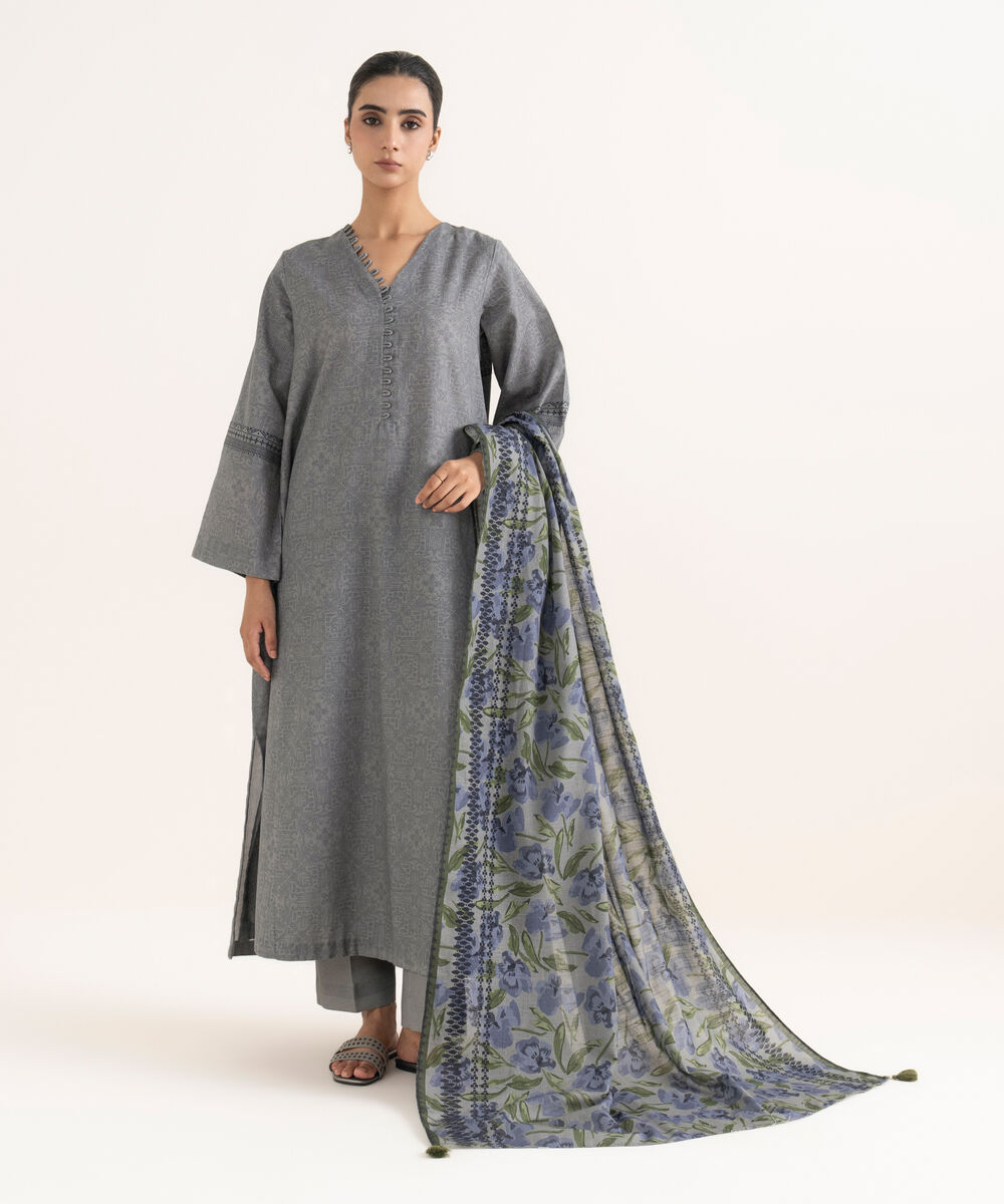 Women's Unstitched Lawn Printed Grey Three Piece Suit