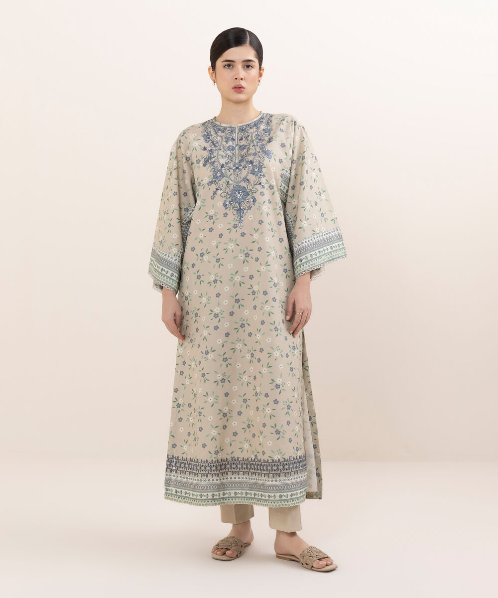 Women's Unstitched Cotton Embroidered Beige  Two Piece Suit