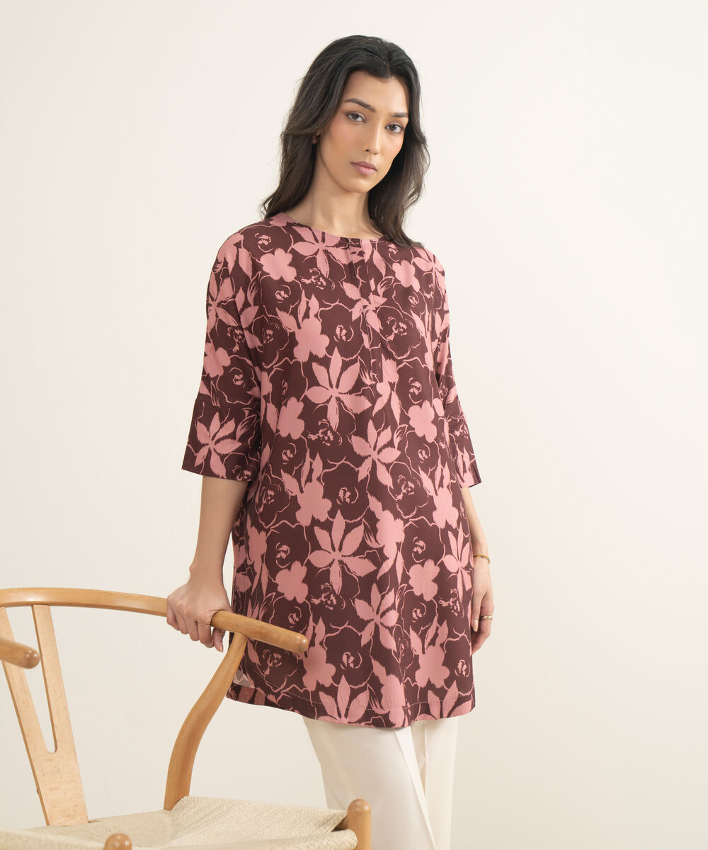 Women's RTW Arabic Cambric Printed Maroon Drop Shoulder Shirt