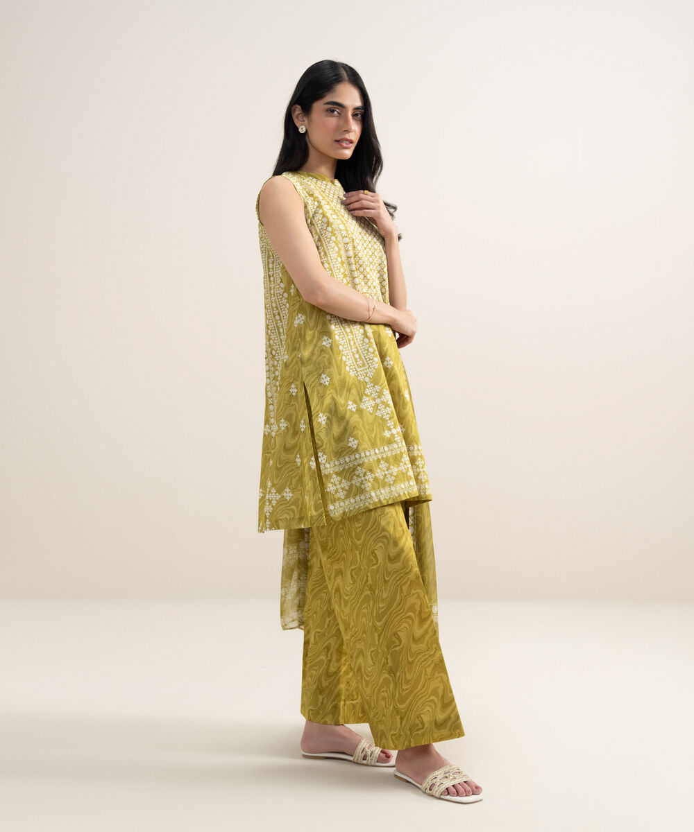 Women's Unstitched Lawn Printed Mustard 3 Piece Suit