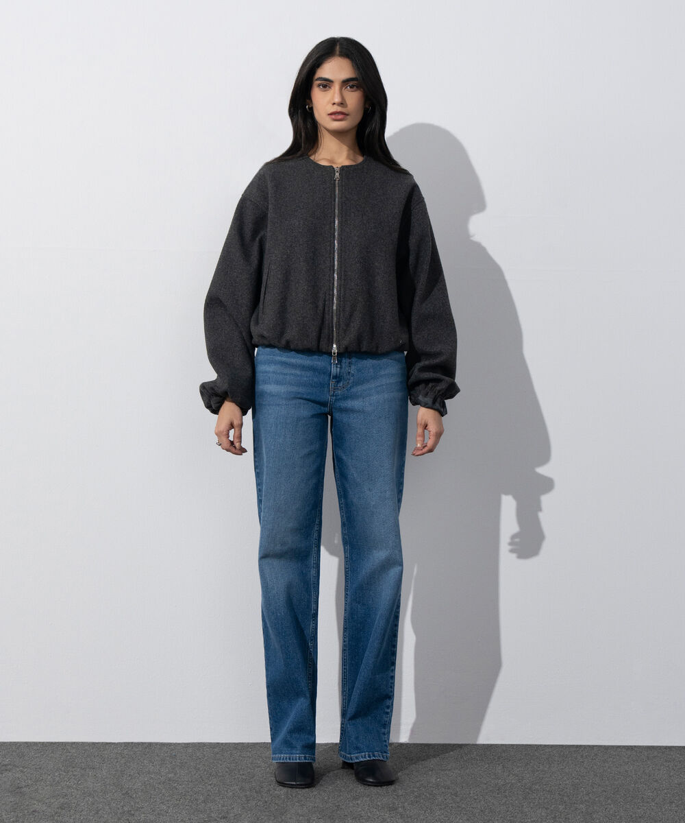 Women's Western Wear Grey Melange Zip-Up Puffed Jacket