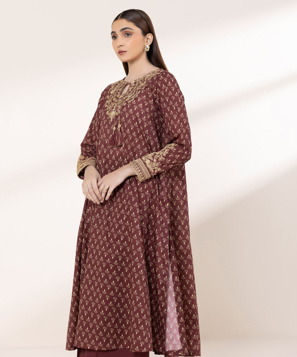 Women's RTW Lawn Red Embroidered A-Line Shirt