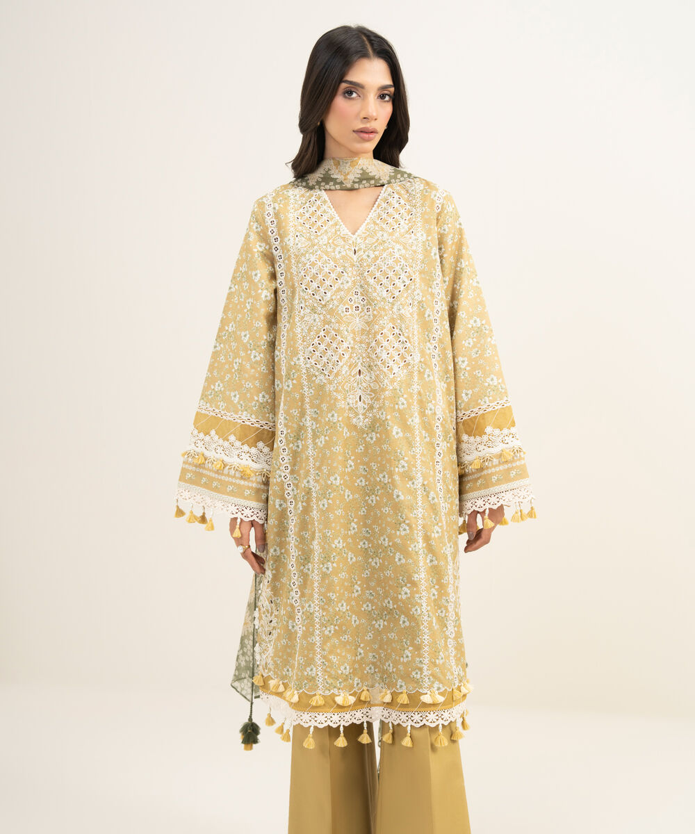 Women's Unstitched Lawn Embroidered Yellow 3 Piece Suit