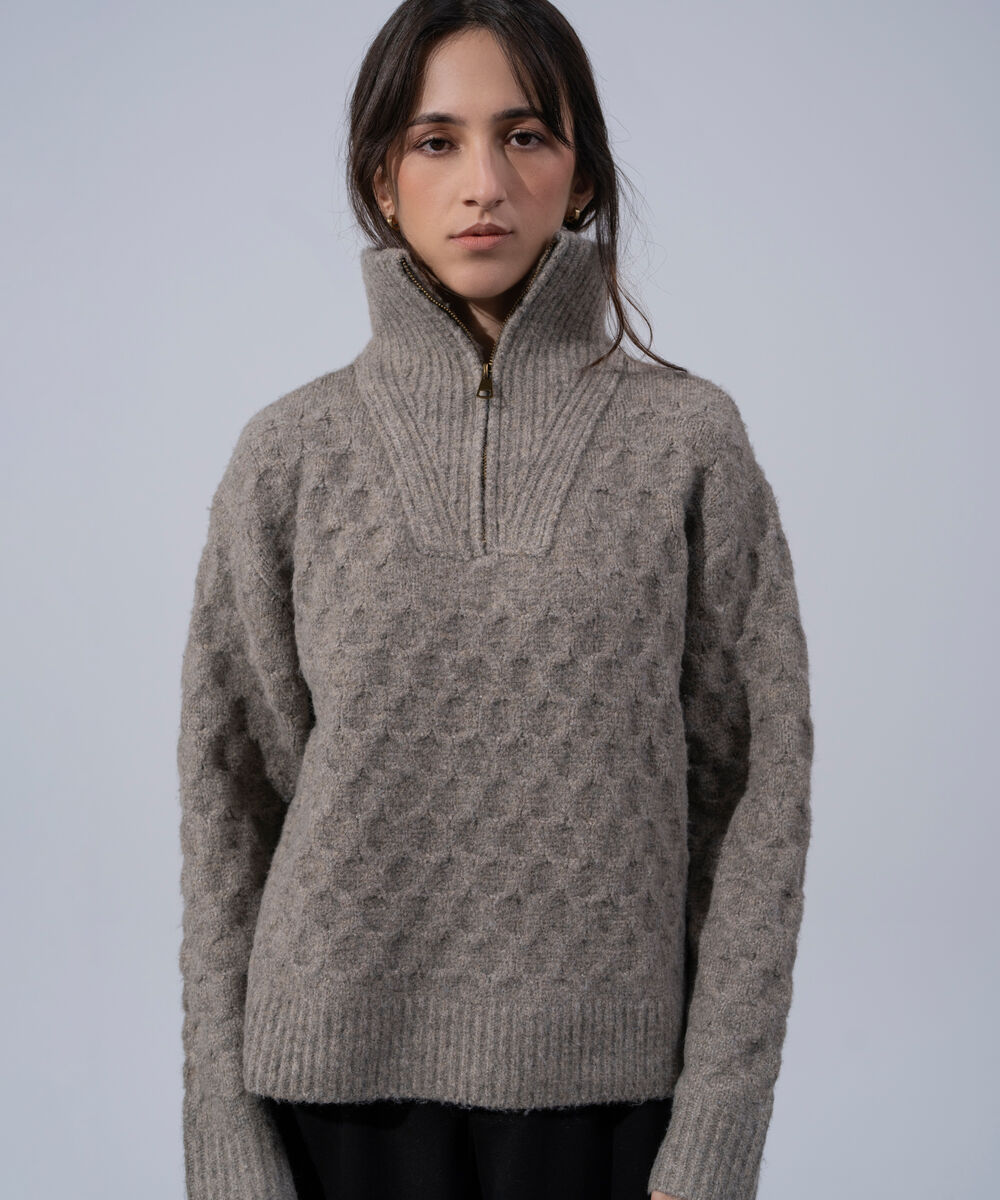 Women's Western Wear Grey Quarter-Zip Knit Jumper