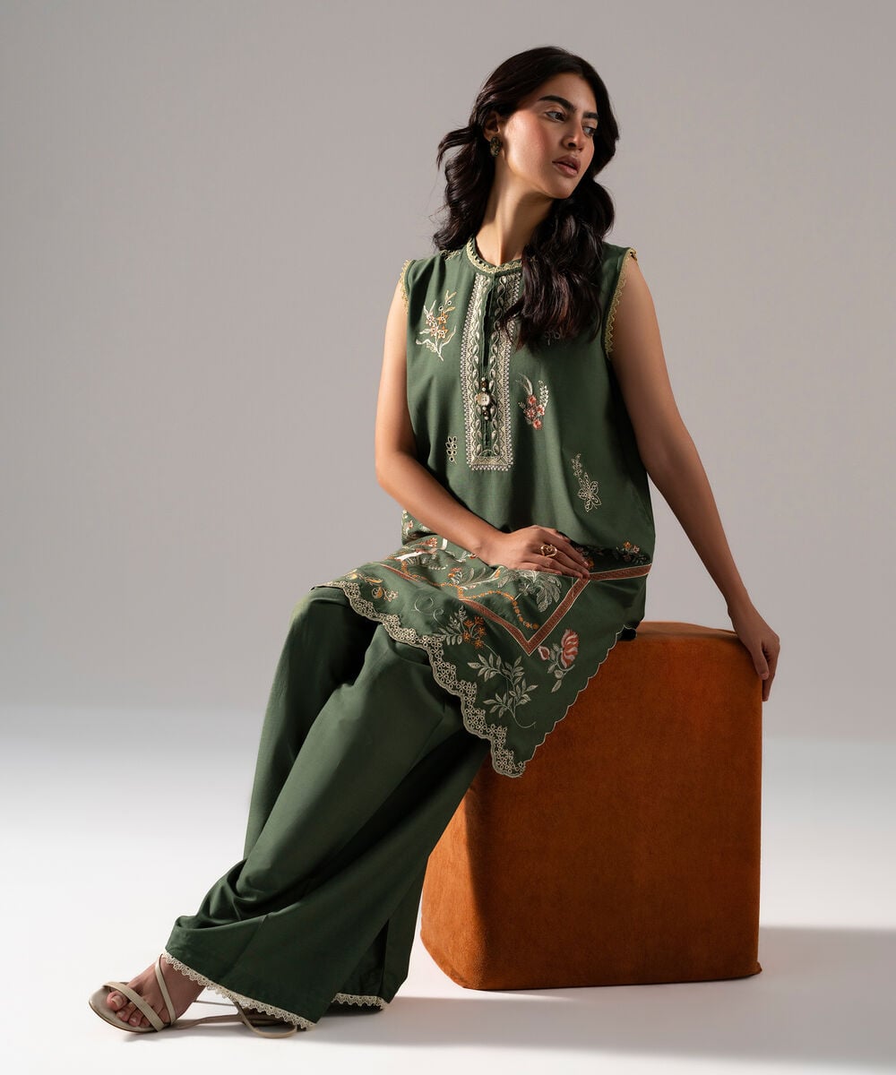 Women's RTW Solid Embroidered Green Cotton Viscose Shirt
