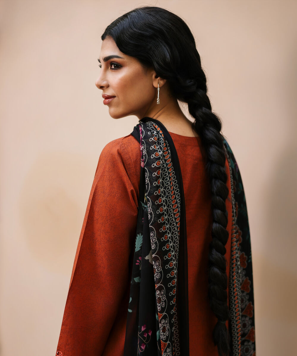 Women's Unstitched Lawn Embroidered Orange 3 Piece Suit