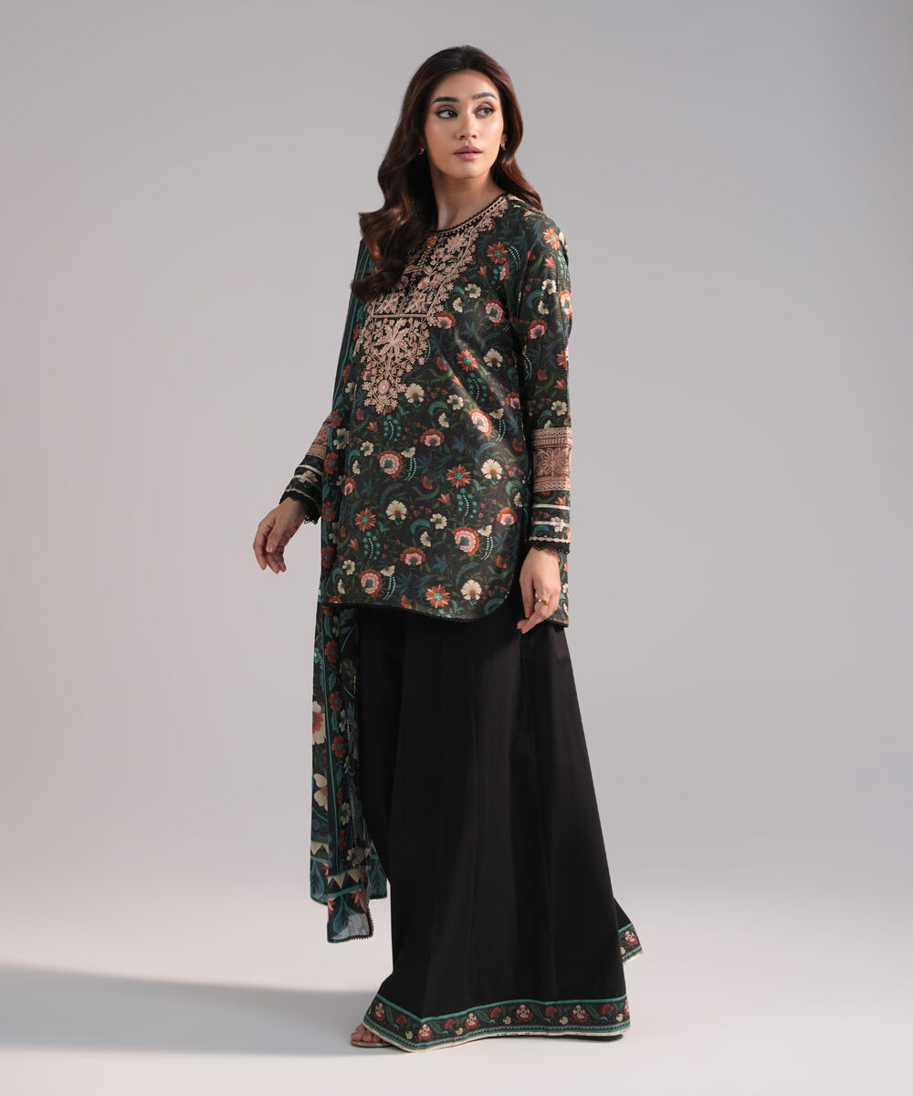 Women's RTW Zari Lawn Embroidered Black 3 Piece Suit