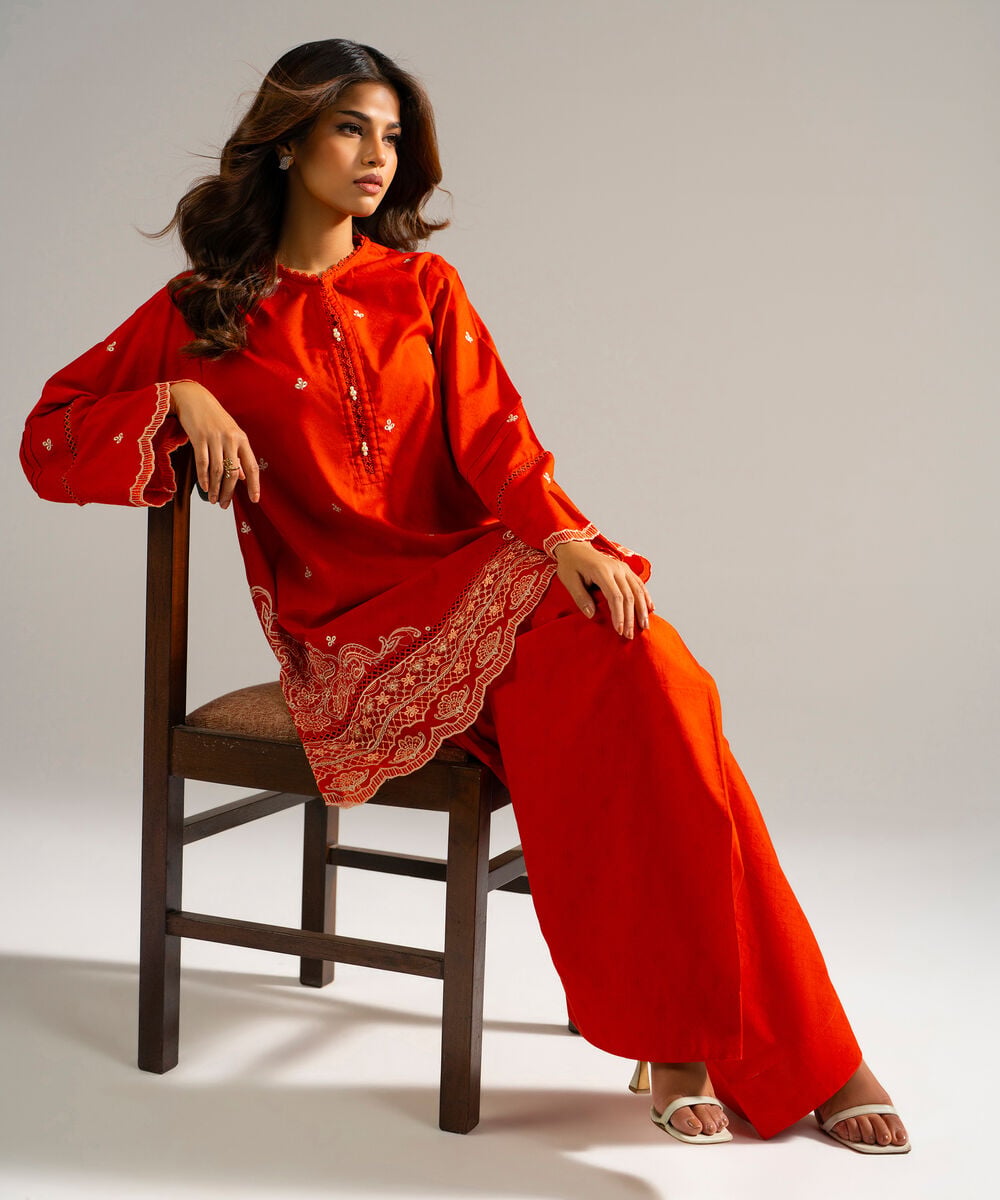 Women's RTW Self Jacquard Embroidered Rust 2 Piece Suit