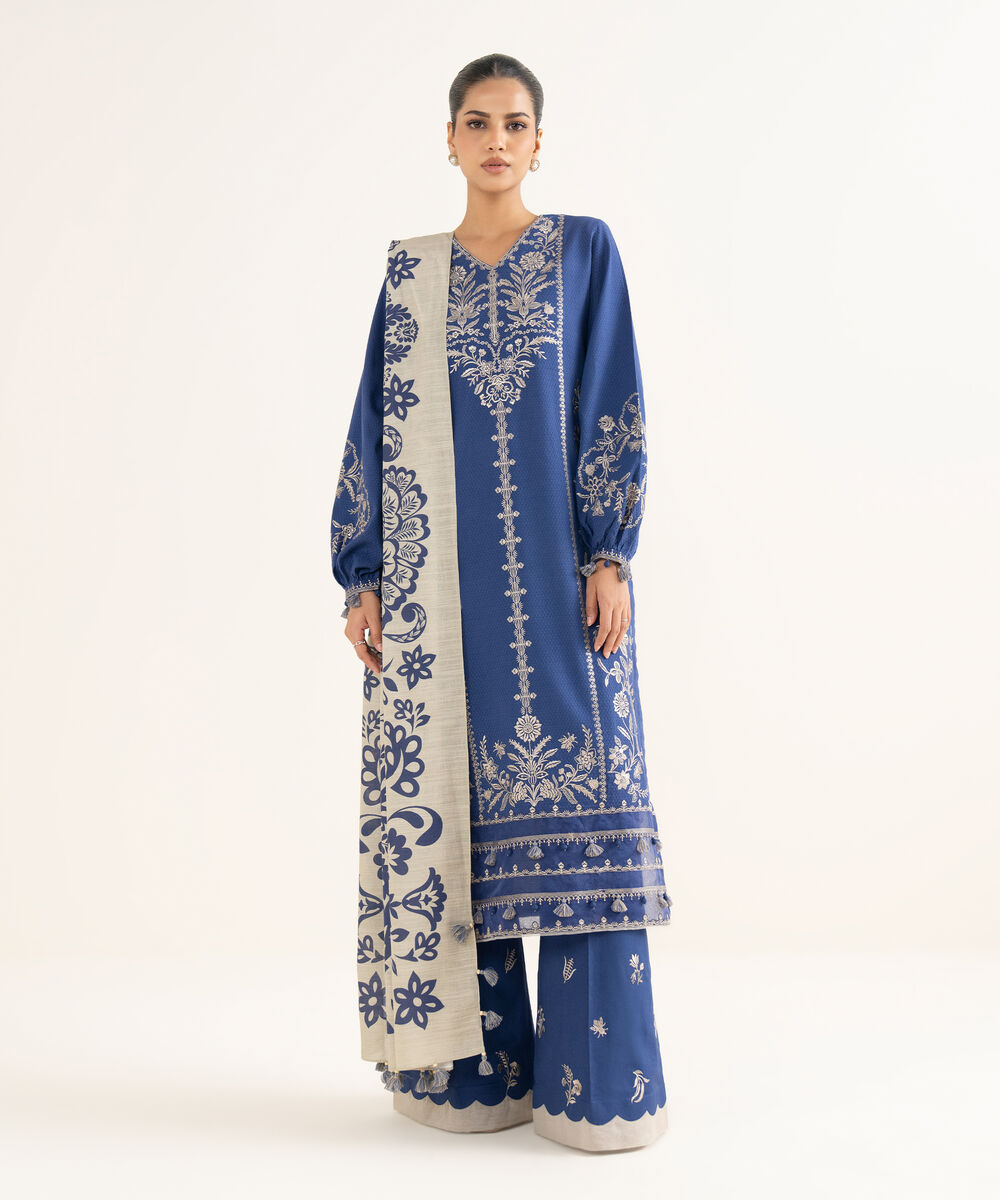 Women's Unstitched Dobby Embroidered Blue 3 Piece Suit