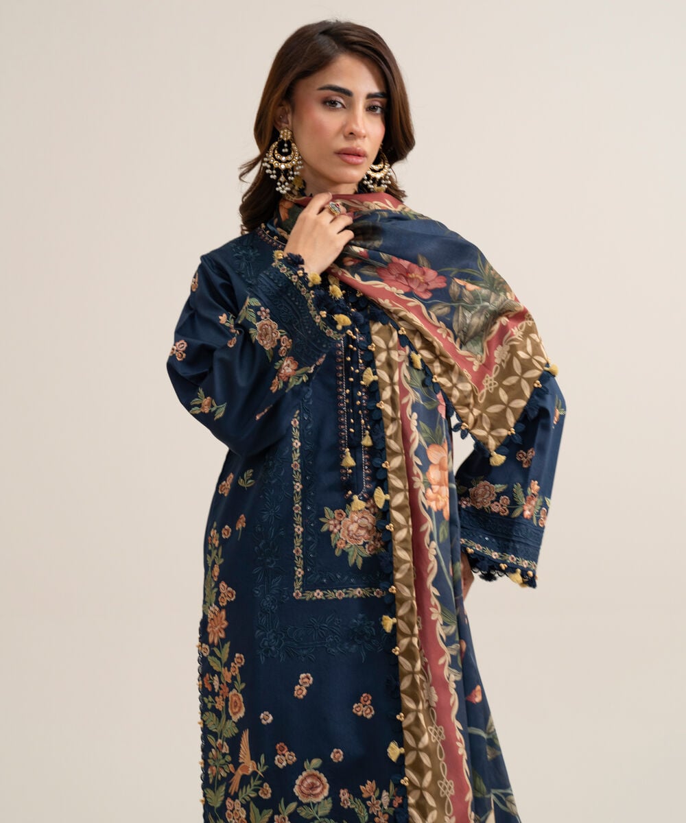 Women's Unstitched Cotton Embroidered Multi 3 Piece Suit