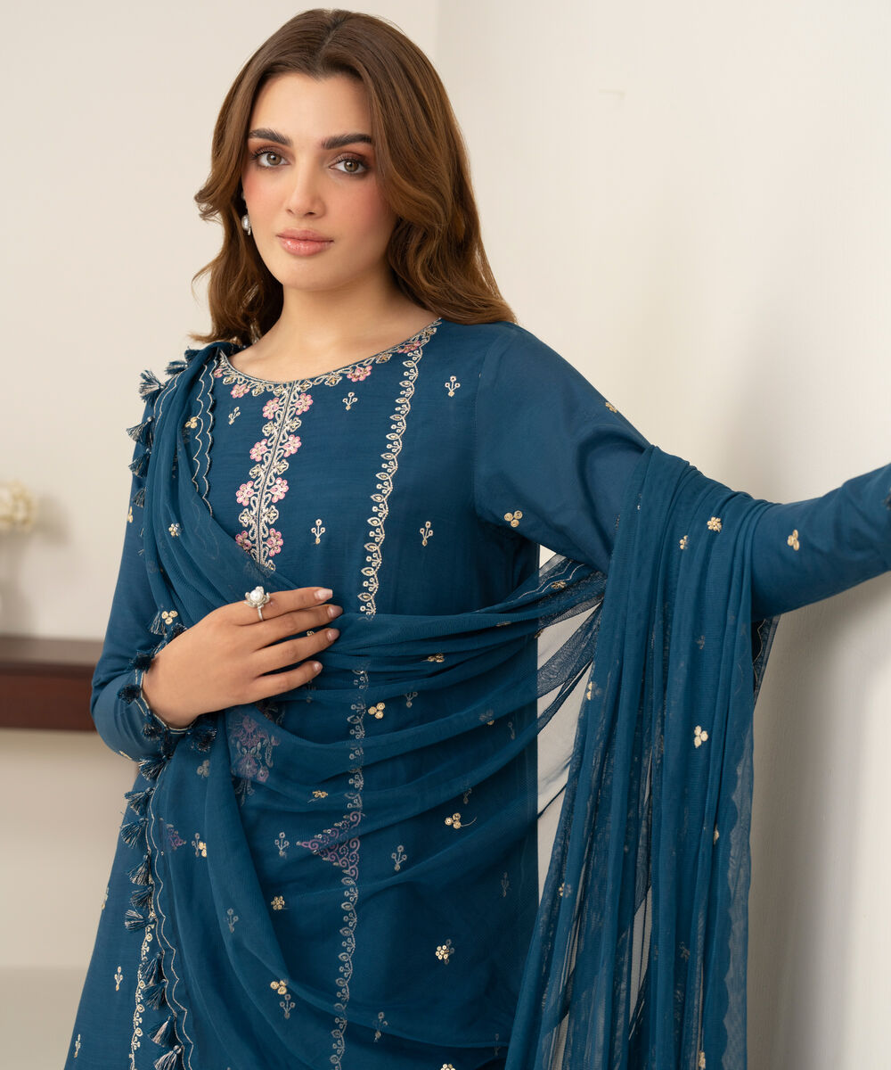Women's Unstitched Viscose Raw Silk Embroidered Teal Blue 3 Piece Suit
