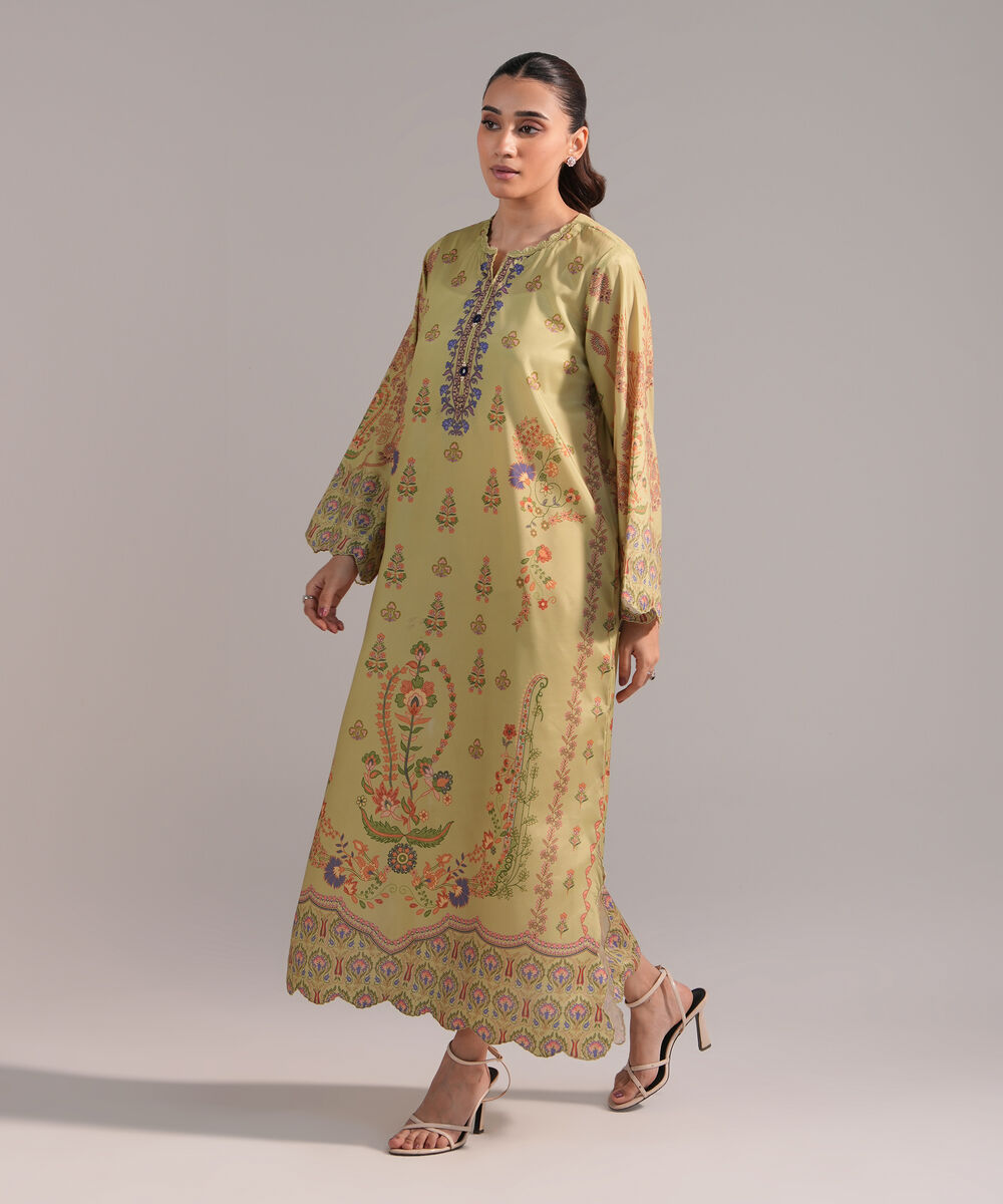 Women's RTW Blended Grip Silk Printed Green A-Line Shirt