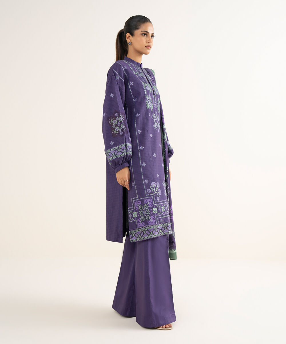 Women's Unstitched Dobby Embroidered Purple 3 Piece Suit