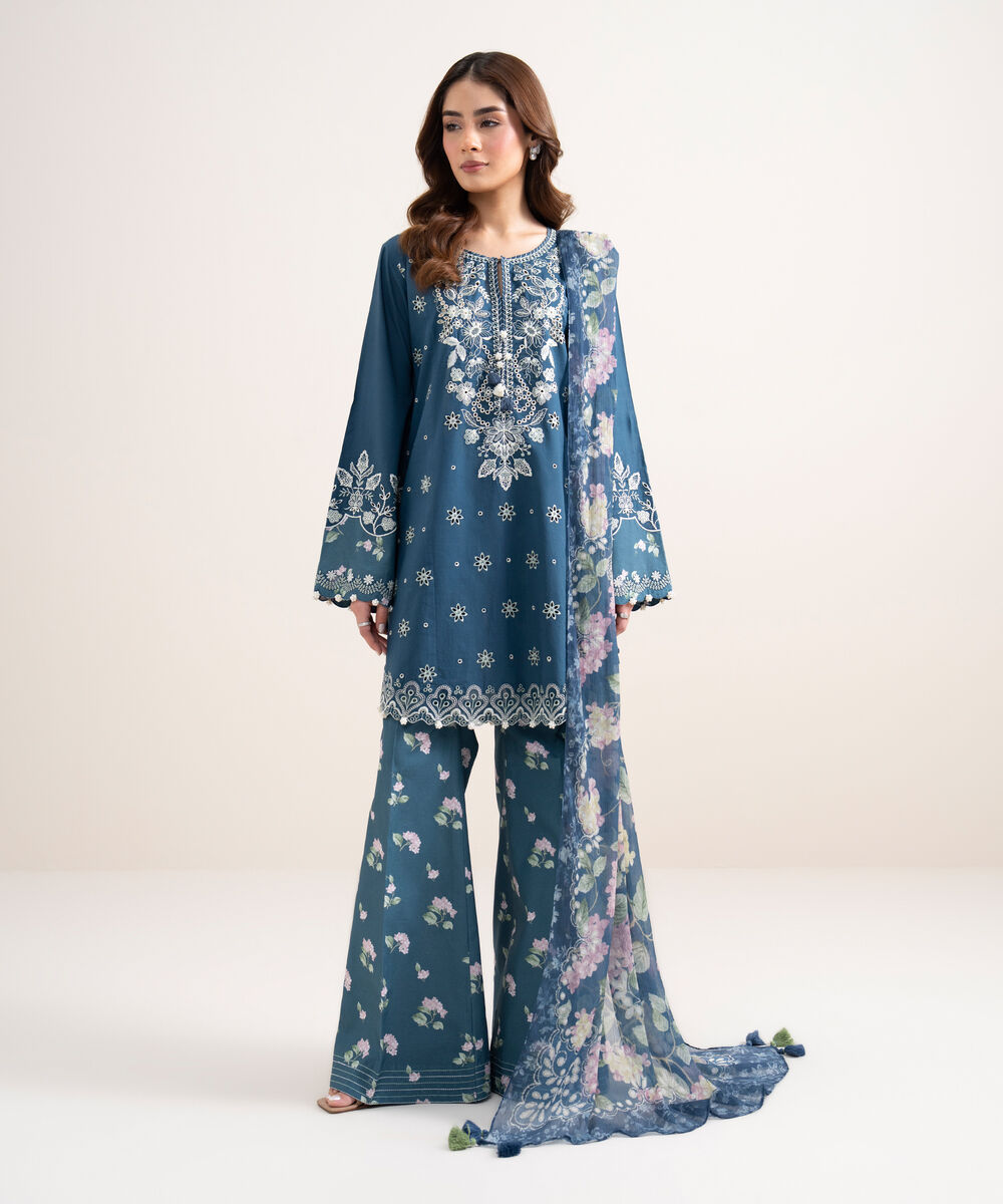 Women's Unstitched Dobby Embroidered Blue 3 Piece Suit