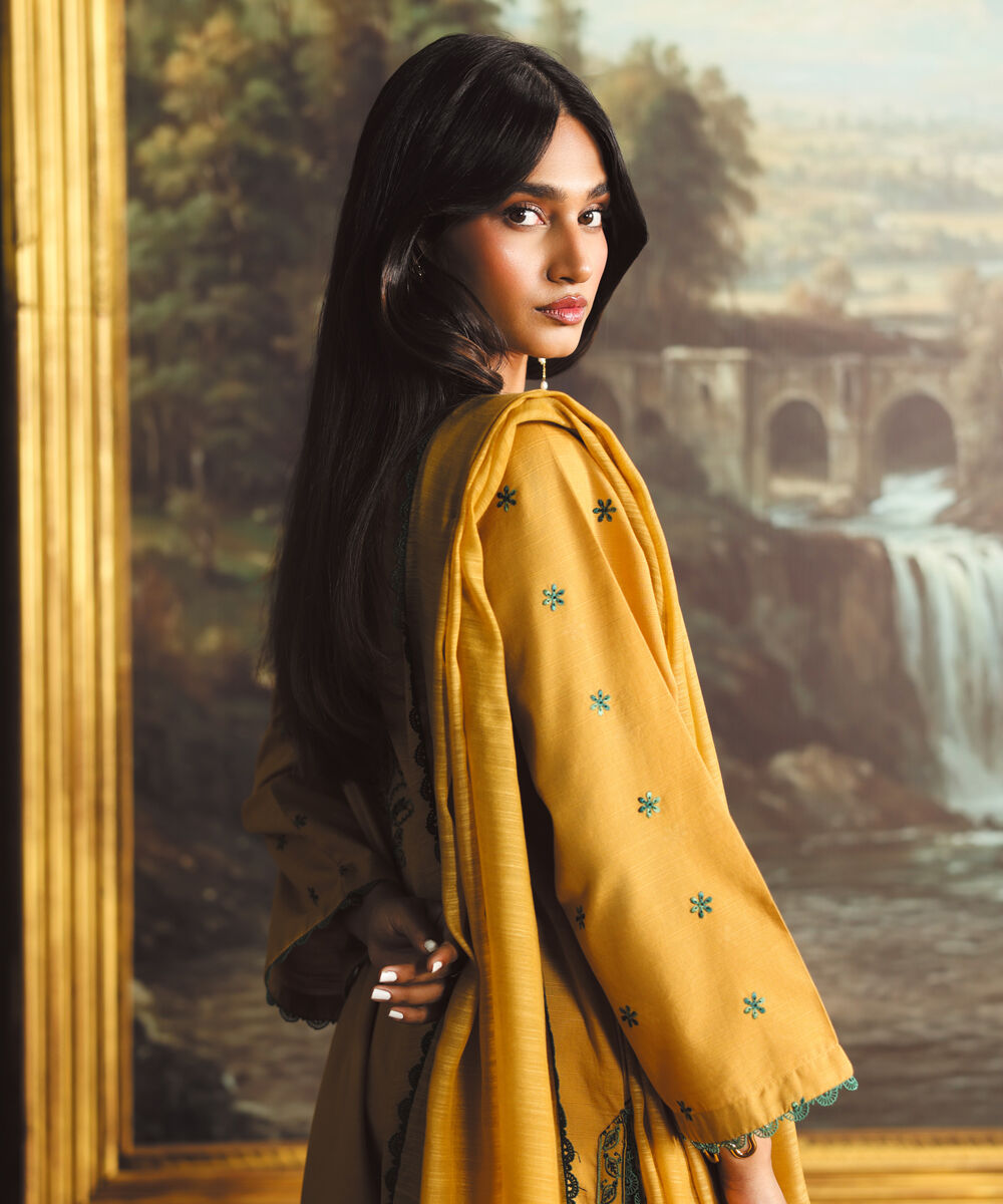 Women's RTW Cotton Embroidered Yellow A-Line Shirt