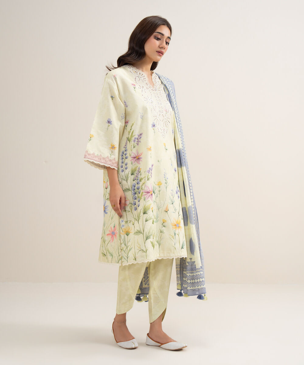 Women's Unstitched Zari Lawn Embroidered Lime Yellow 3 Piece Suit