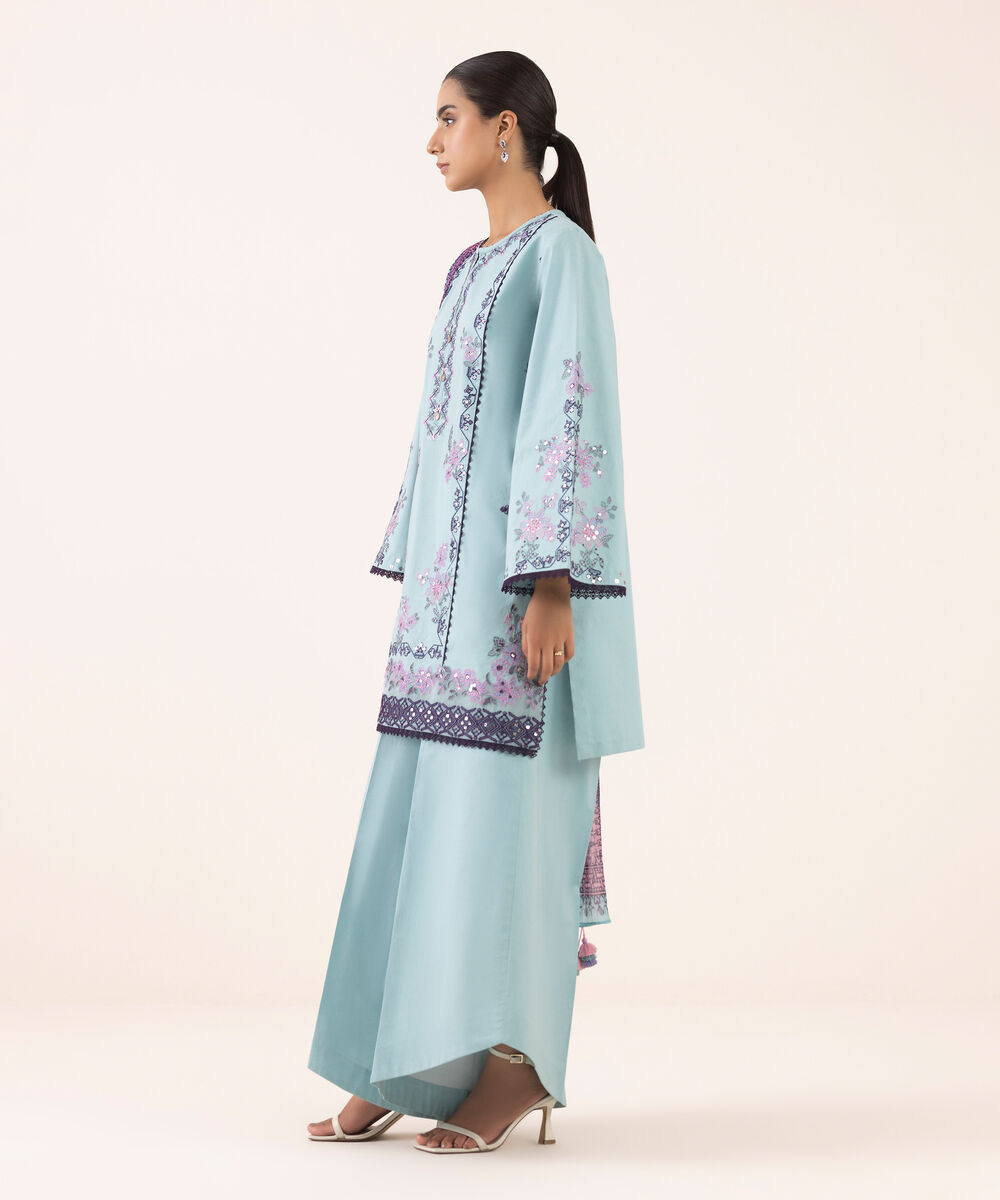 Women's Unstitched Cotton Embroidered Aqua Three Piece Suit