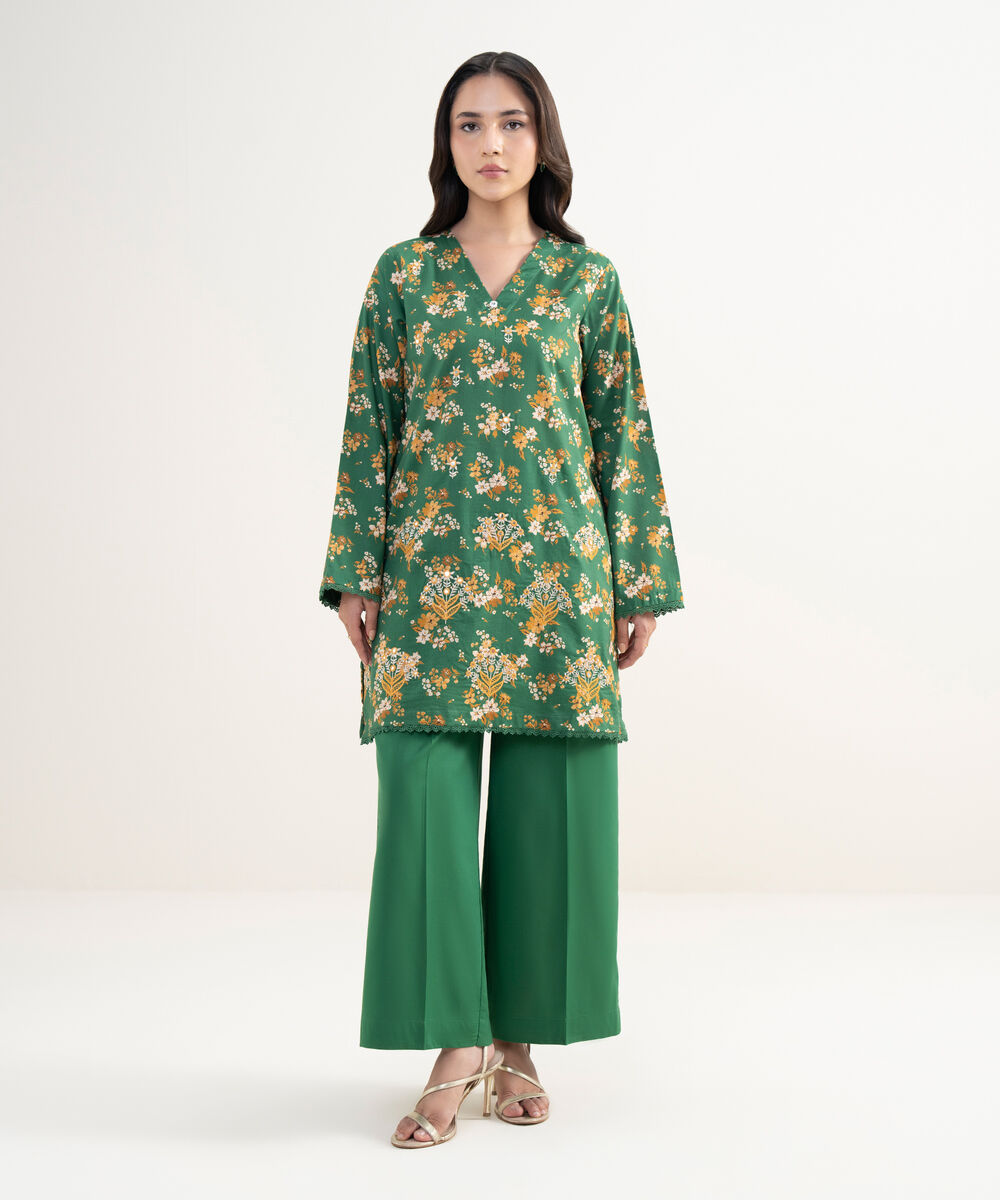 Women's RTW Cotton Viscose Embroidered Green Straight Shirt