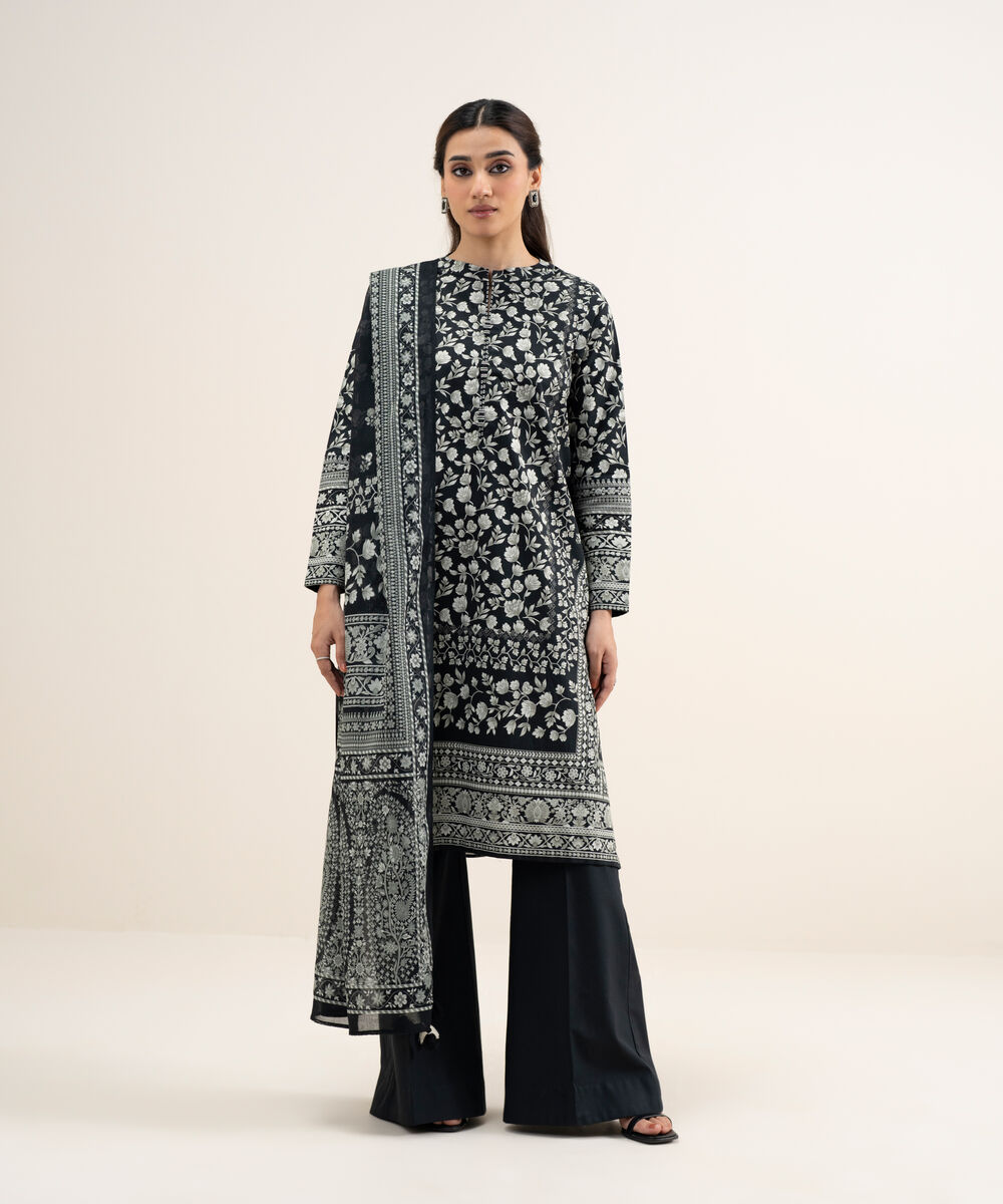 Women's Unstitched Lawn Printed Off White and Black 3 Piece Suit